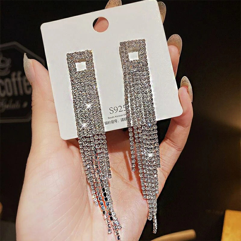 Shiny Crystal Zircon Long Stud Earrings