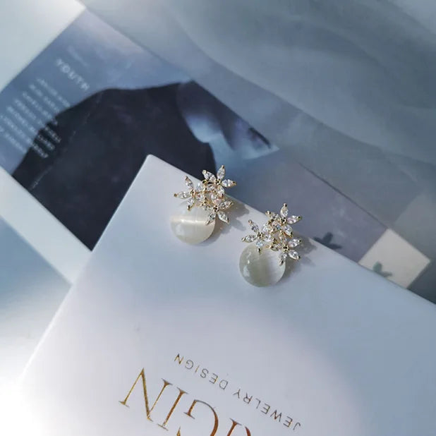 Flower Rhinestones Opal Stud Earrings