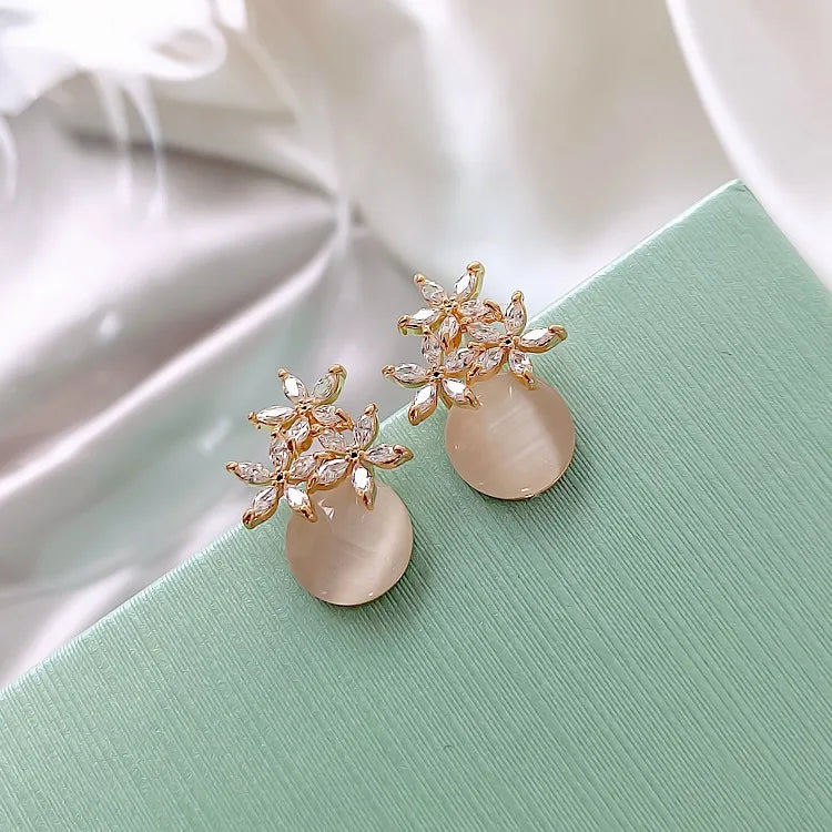 Flower Rhinestones Opal Stud Earrings