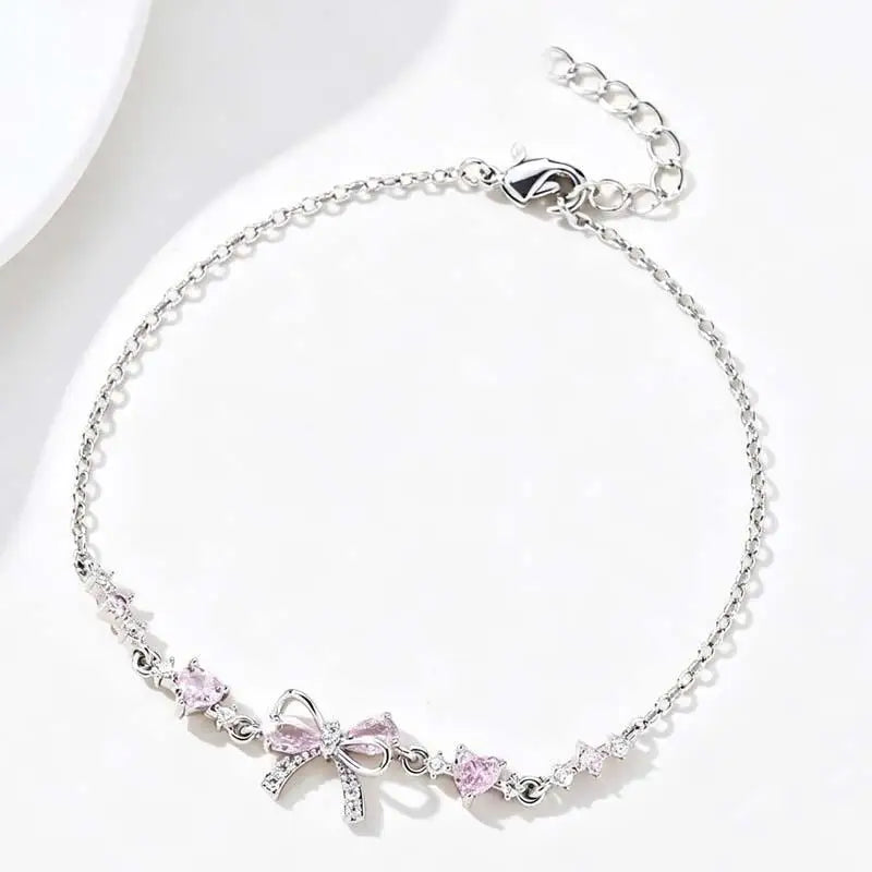 Women's Gold Plated Bracelet Flower Bow Pink Shiny Zirconia Crystal 1Pcs Sweet Jewelry for Anniversary Gift for Her