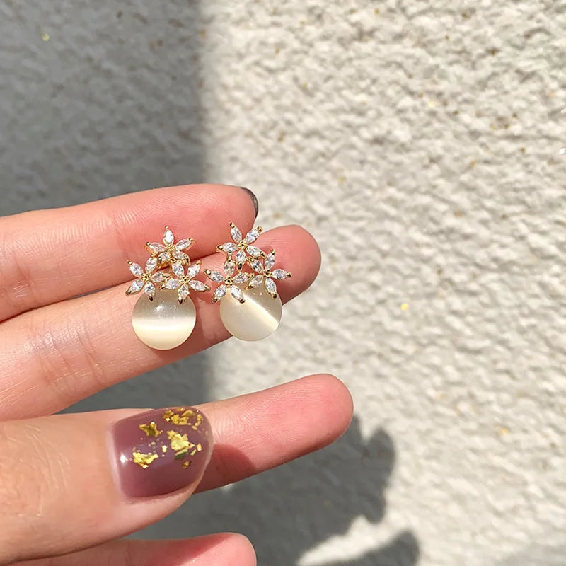 Flower Rhinestones Opal Stud Earrings