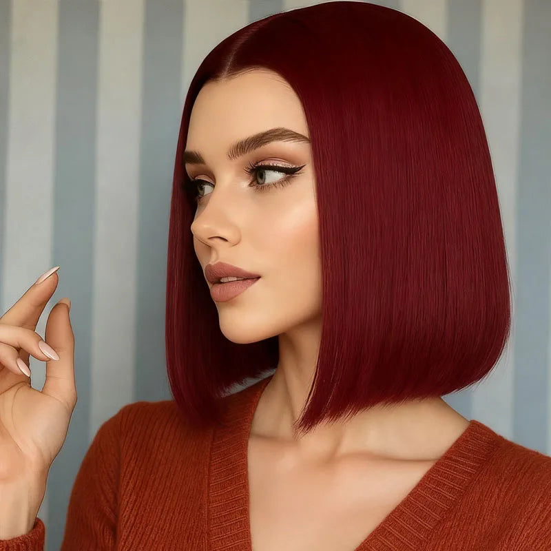 Women's burgundy 12 inch straight hair wig