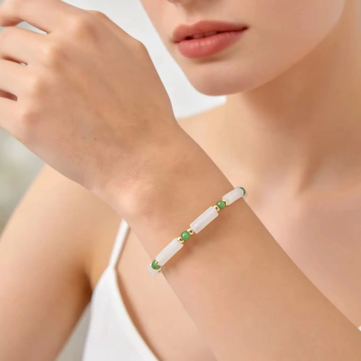 Delicate White Jade Bracelet for Women, Fashion Green Natural Stone Boho Bracelets, Stainless Steel Unique Jewelry Gift