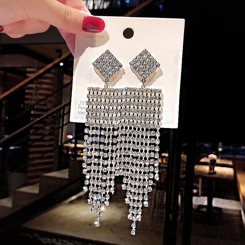 Shiny Crystal Zircon Long Stud Earrings