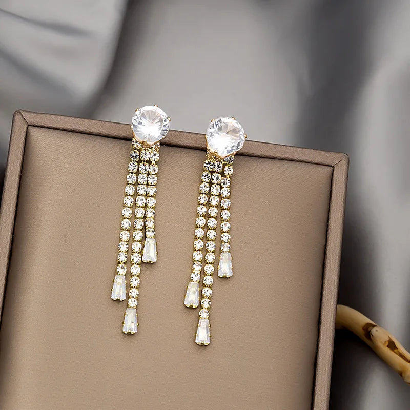Shiny Crystal Zircon Long Stud Earrings