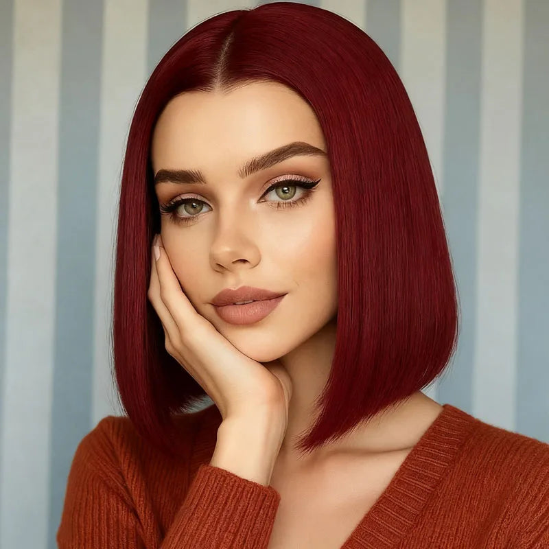 Women's burgundy 12 inch straight hair wig
