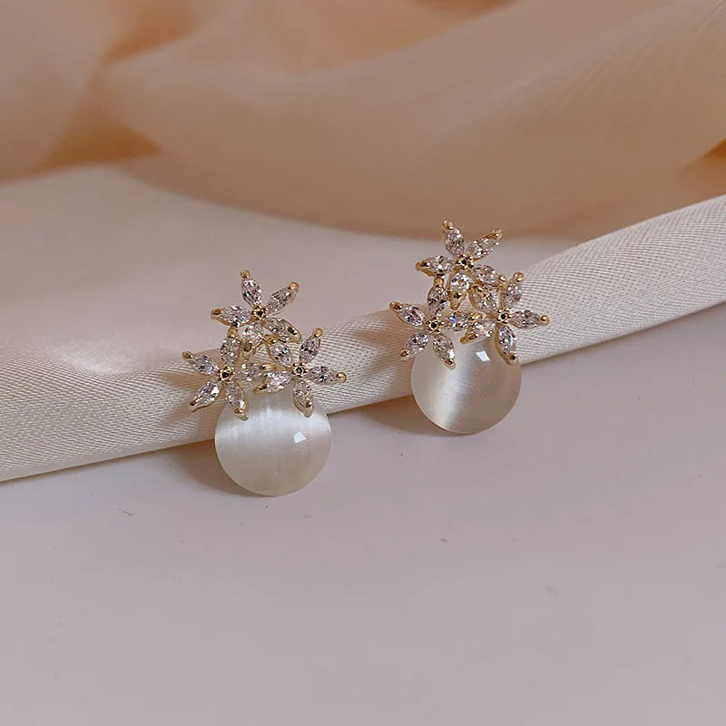 Flower Rhinestones Opal Stud Earrings