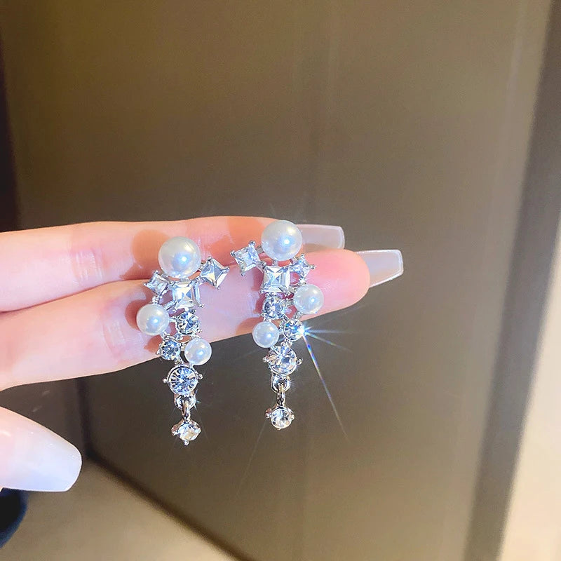 Shiny Crystal Zircon Long Stud Earrings