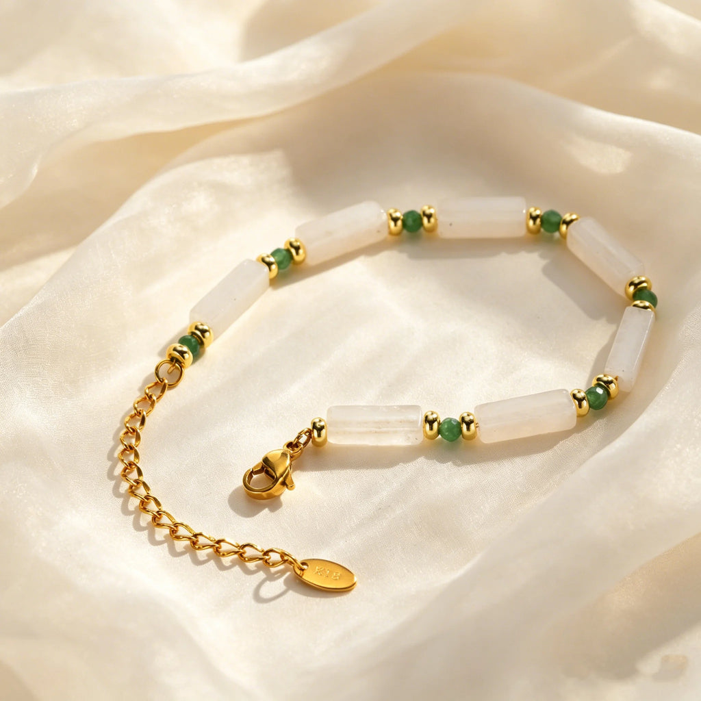 Delicate White Jade Bracelet for Women, Fashion Green Natural Stone Boho Bracelets, Stainless Steel Unique Jewelry Gift