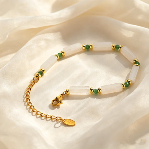 Delicate White Jade Bracelet for Women, Fashion Green Natural Stone Boho Bracelets, Stainless Steel Unique Jewelry Gift