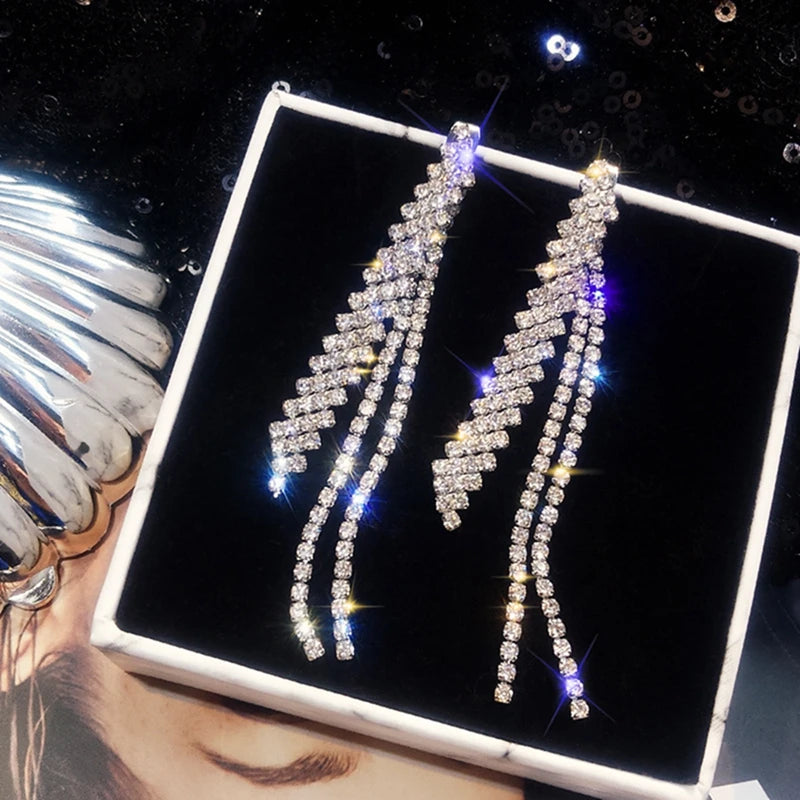 Shiny Crystal Zircon Long Stud Earrings