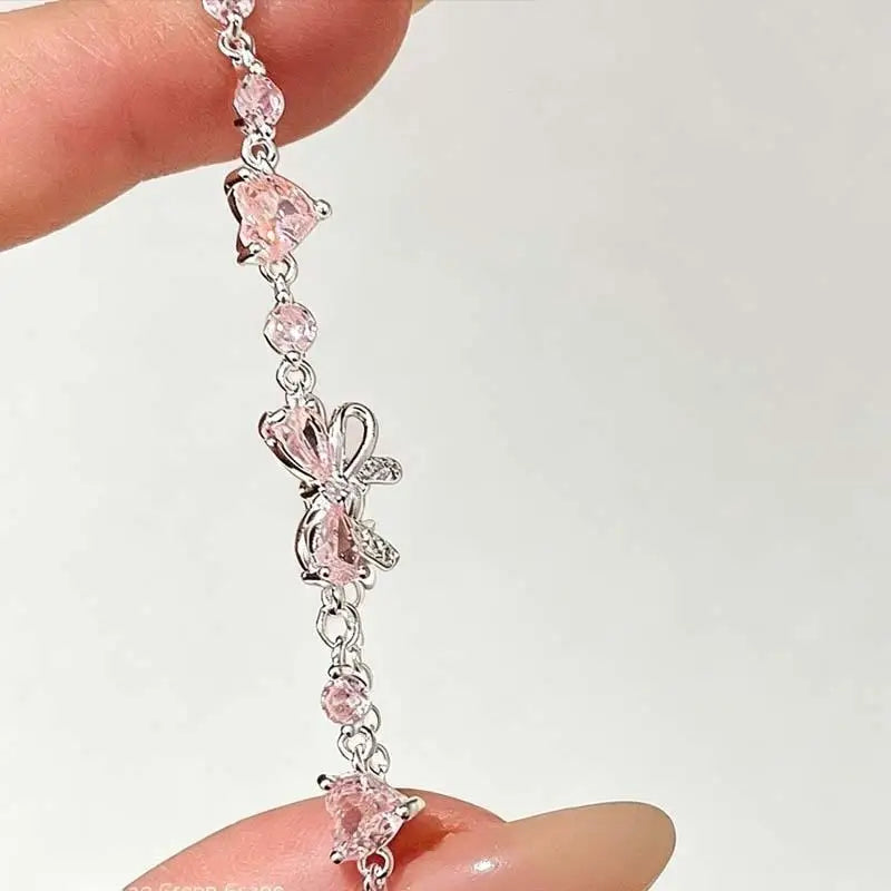 Women's Gold Plated Bracelet Flower Bow Pink Shiny Zirconia Crystal 1Pcs Sweet Jewelry for Anniversary Gift for Her