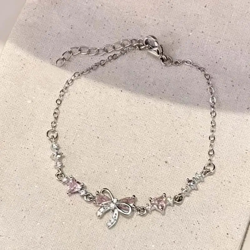 Women's Gold Plated Bracelet Flower Bow Pink Shiny Zirconia Crystal 1Pcs Sweet Jewelry for Anniversary Gift for Her