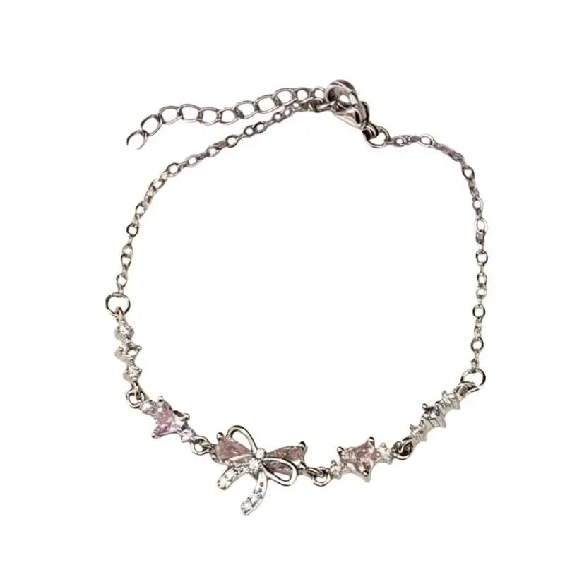 Women's Gold Plated Bracelet Flower Bow Pink Shiny Zirconia Crystal 1Pcs Sweet Jewelry for Anniversary Gift for Her