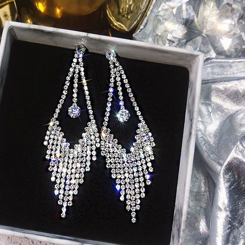 Shiny Crystal Zircon Long Stud Earrings