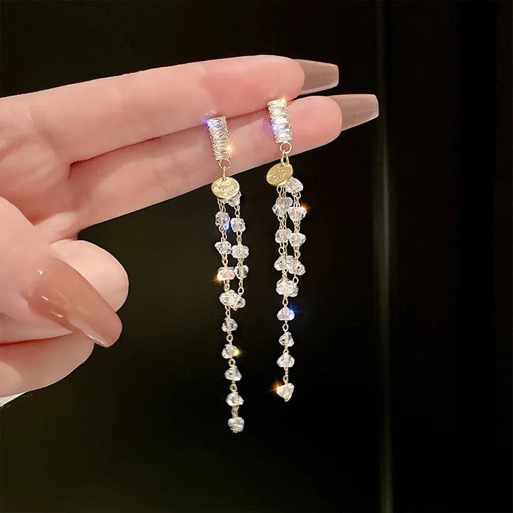 Shiny Crystal Zircon Long Stud Earrings