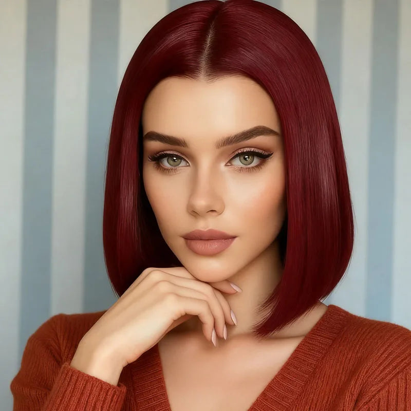 Women's burgundy 12 inch straight hair wig