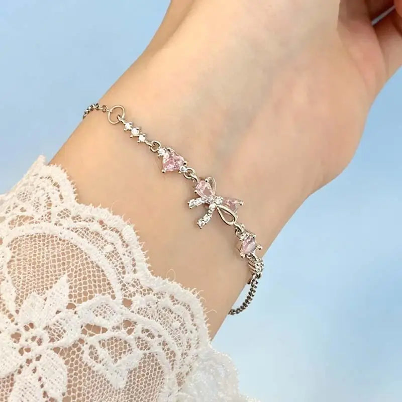 Women's Gold Plated Bracelet Flower Bow Pink Shiny Zirconia Crystal 1Pcs Sweet Jewelry for Anniversary Gift for Her