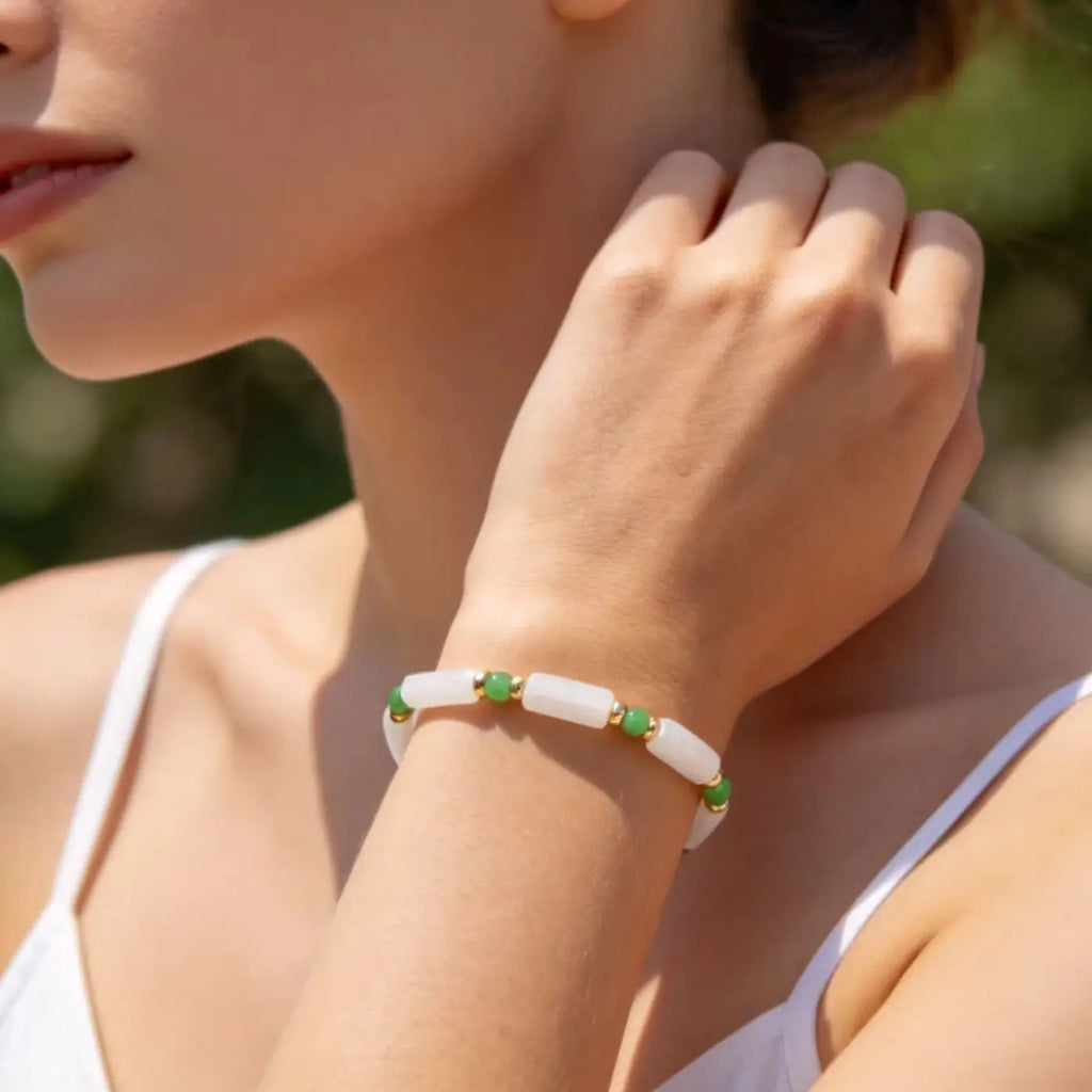 Delicate White Jade Bracelet for Women, Fashion Green Natural Stone Boho Bracelets, Stainless Steel Unique Jewelry Gift