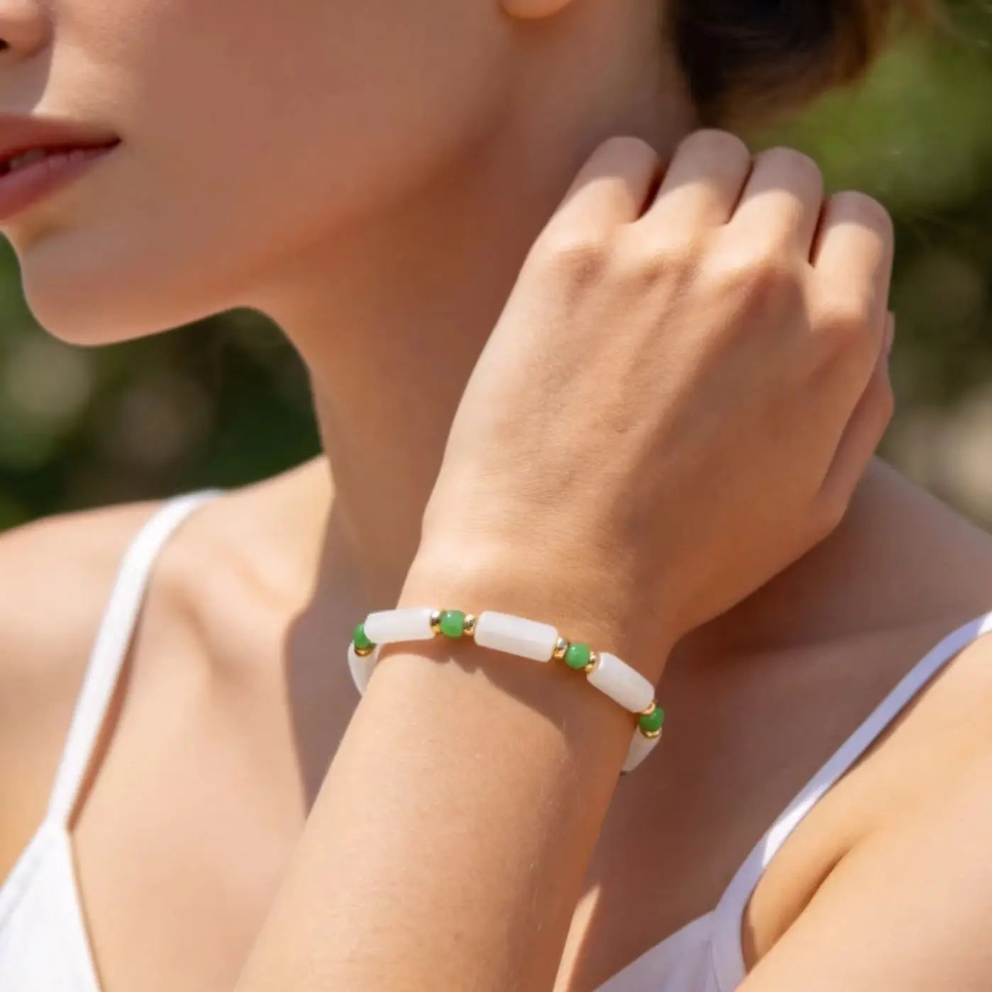 Delicate White Jade Bracelet for Women, Fashion Green Natural Stone Boho Bracelets, Stainless Steel Unique Jewelry Gift