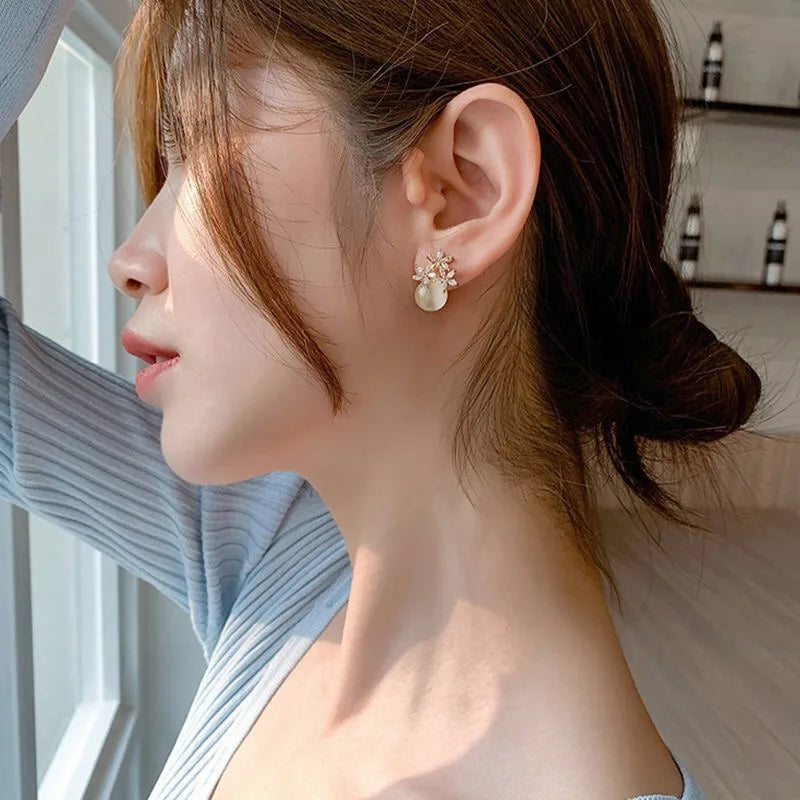 Flower Rhinestones Opal Stud Earrings