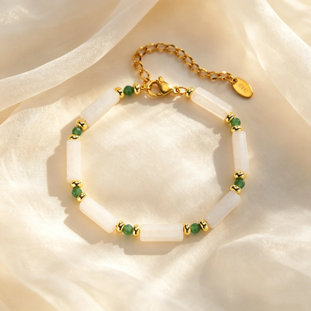 Delicate White Jade Bracelet for Women, Fashion Green Natural Stone Boho Bracelets, Stainless Steel Unique Jewelry Gift