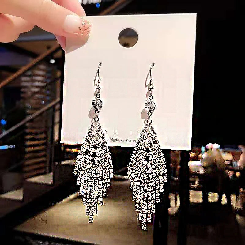 Shiny Crystal Zircon Long Stud Earrings