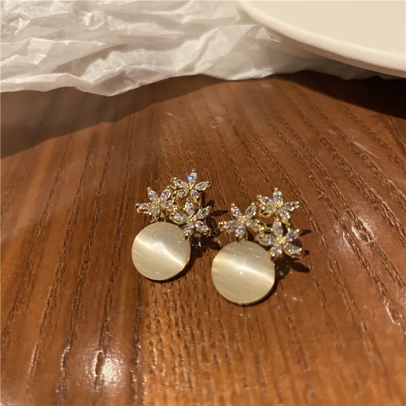 Flower Rhinestones Opal Stud Earrings